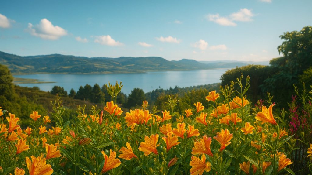 Vista natural con flores silvestres y lago, entorno ecológico de Casa de Terra